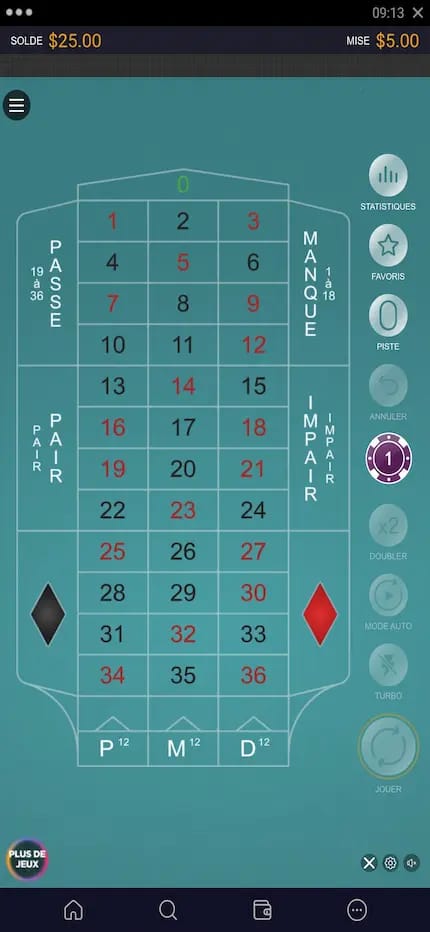 Interface de la roulette française de Games Global sur Lucky7even